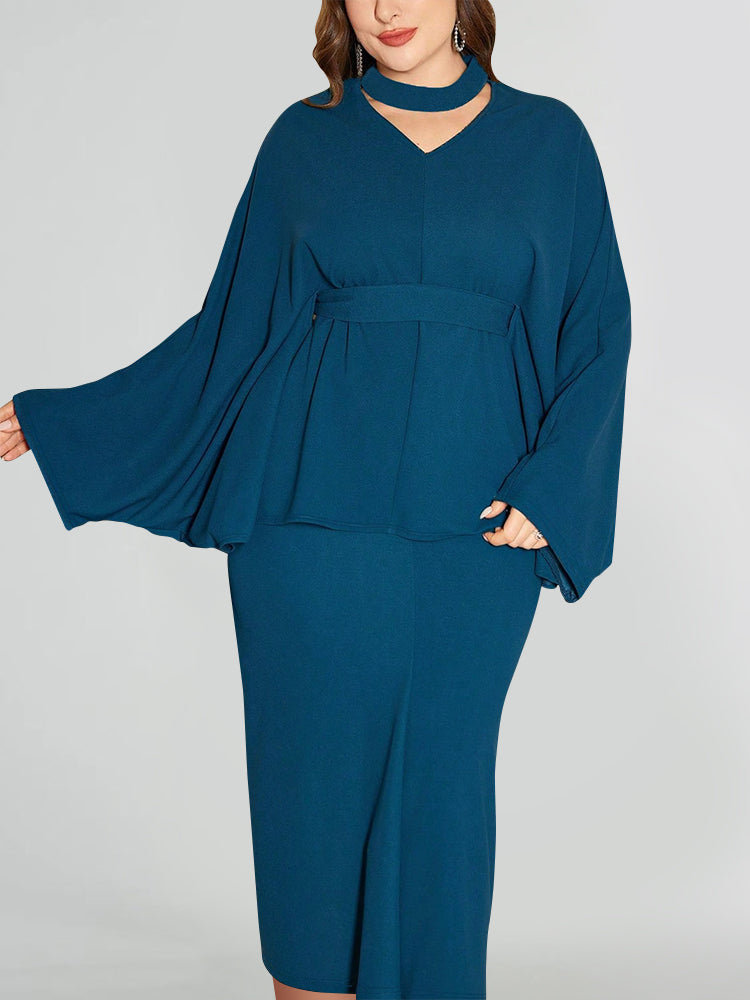 V-Neck Batwing Sleeve Tie Waist Dress Set