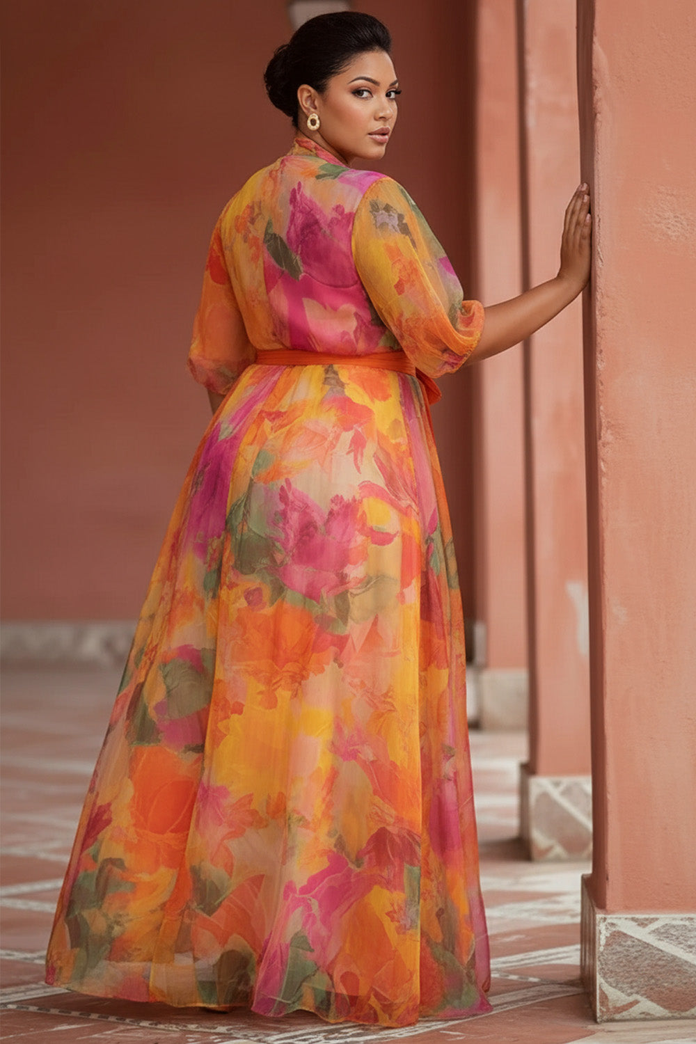 Xpluswear Design Plus Size Wedding Guest Orange Floral Wrap Neck Short Sleeve Split Wrap Chiffon Maxi Dresses
