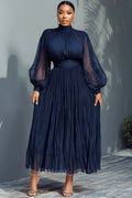 Xpluswear Design Plus Size Churchs Navy Blue Mock Neck Lantern Sleeve Long Sleeve See Through Elegant Ruffled Midi Dresses