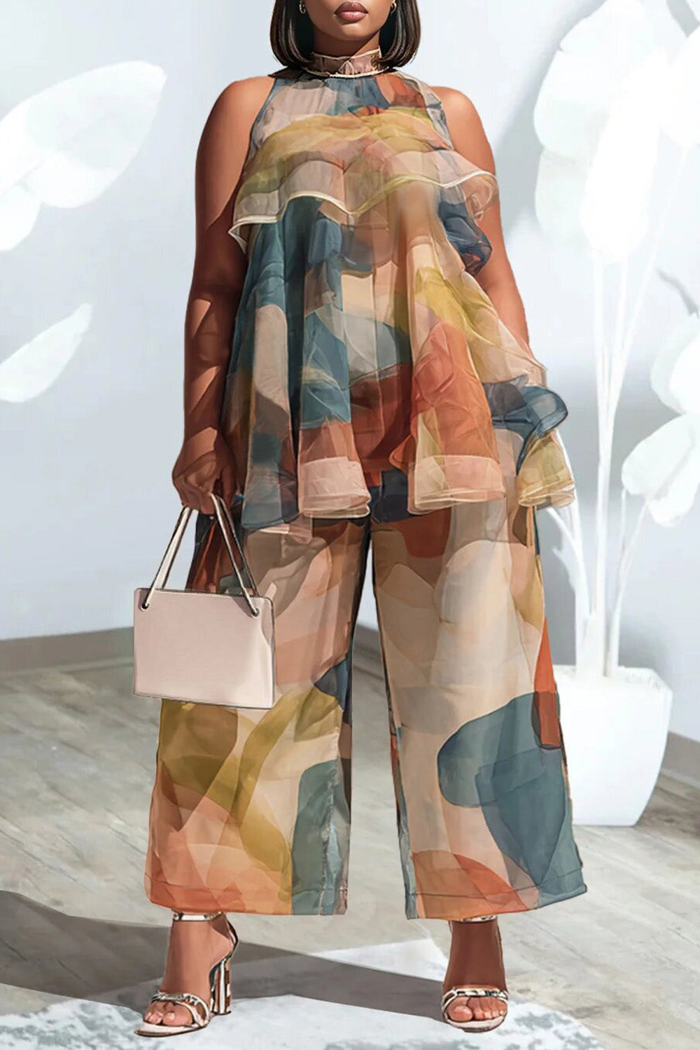 Xpluswear Design Plus Size Vacation Elegant Multicolor All Over Print Halter Collar Ruffle Pocket Chiffon Two Piece Pant Sets