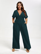 VIP Plus V Neck Dolman Sleeve Pocket Shirred Wide Leg Jumpsuit