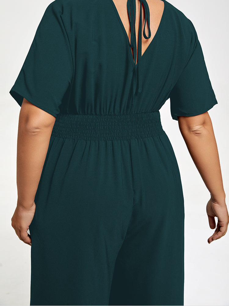 VIP Plus V Neck Dolman Sleeve Pocket Shirred Wide Leg Jumpsuit