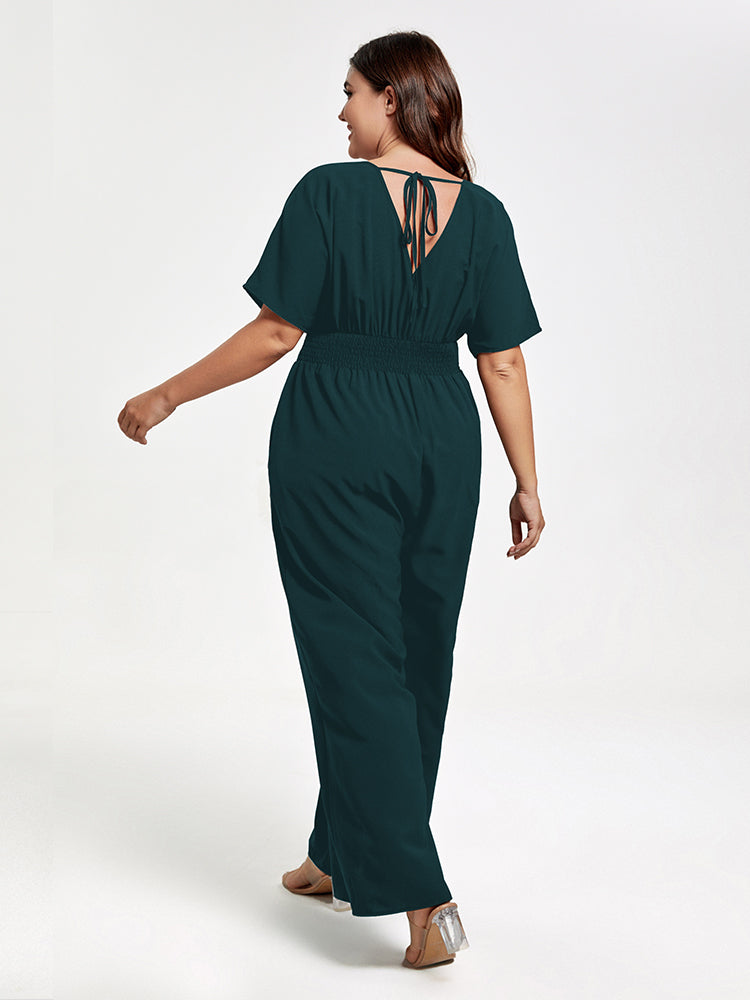 VIP Plus V Neck Dolman Sleeve Pocket Shirred Wide Leg Jumpsuit