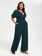 VIP Plus V Neck Dolman Sleeve Pocket Shirred Wide Leg Jumpsuit