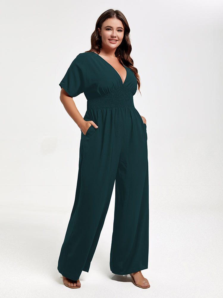 VIP Plus V Neck Dolman Sleeve Pocket Shirred Wide Leg Jumpsuit
