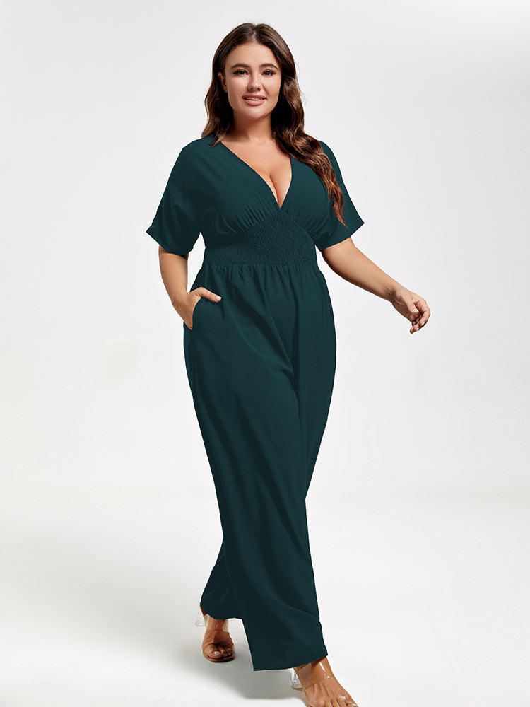 VIP Plus V Neck Dolman Sleeve Pocket Shirred Wide Leg Jumpsuit