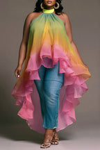 Xpluswear Design Plus Size Vacation Rainbow Gradient Halter Collar Asymmetric Hem Irregular Hem Ruffle Chiffon Blouses