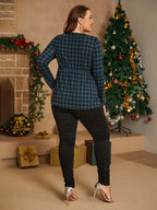 Plus Plaid Neck Tie Elastic Waist Blouse