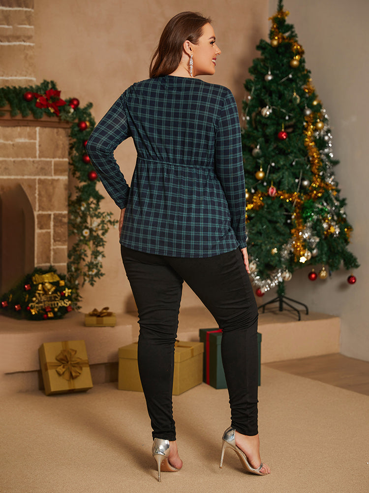 Plus Plaid Neck Tie Elastic Waist Blouse