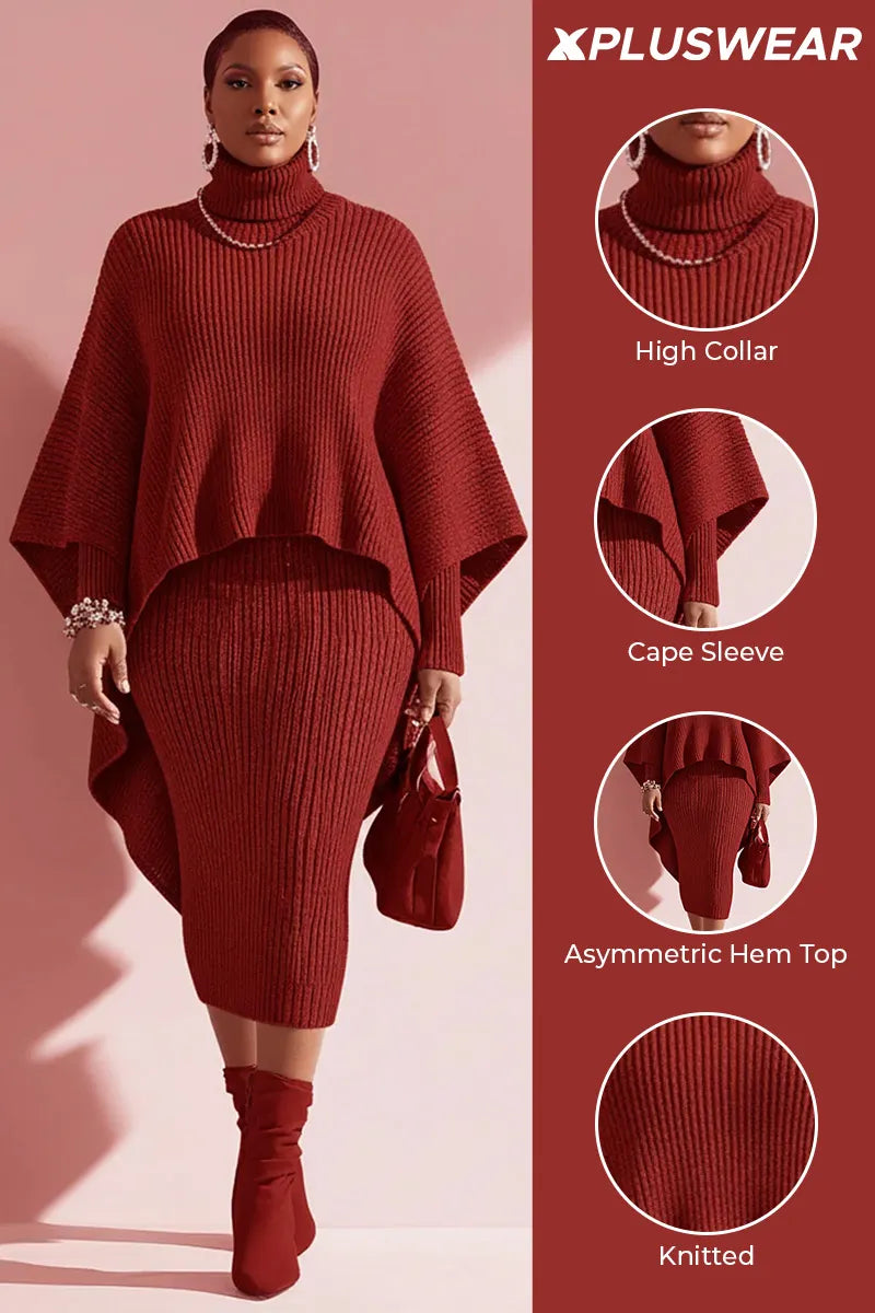 Xpluswear Design Plus Size Business Casual Burgundy High Collar Cape Sleeve Long Sleeve Bodycon Elegant Asymmetric Hem Irregular Hem Knitted Two Piece Dress Set