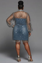 Xpluswear Design Plus Size Party Blue Shirt Collar Long Sleeve See Through Sequin Mini Dresses
