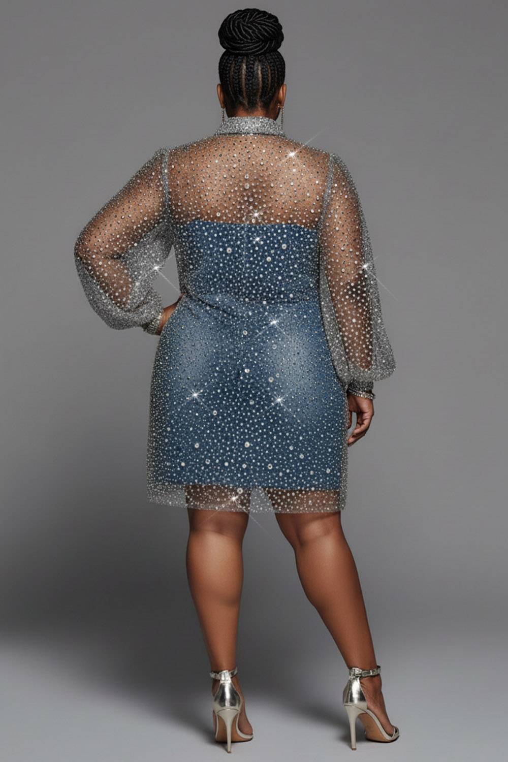 Xpluswear Design Plus Size Party Blue Shirt Collar Long Sleeve See Through Sequin Mini Dresses