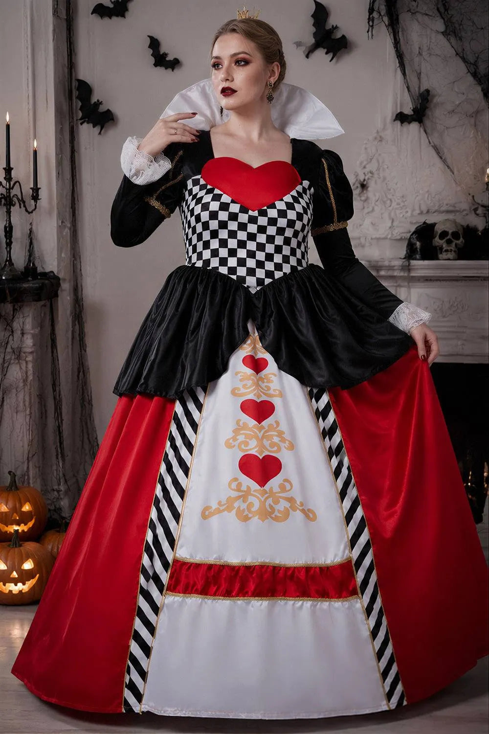 Xpluswear Design Plus Size Queen Of Hearts Halloween Costumes Checkered Print Lace Puff Sleeves Maxi Dress(Ships 24h)