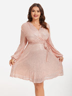 VIP V-Neck Lantern Sleeve Belted Sequin Dress