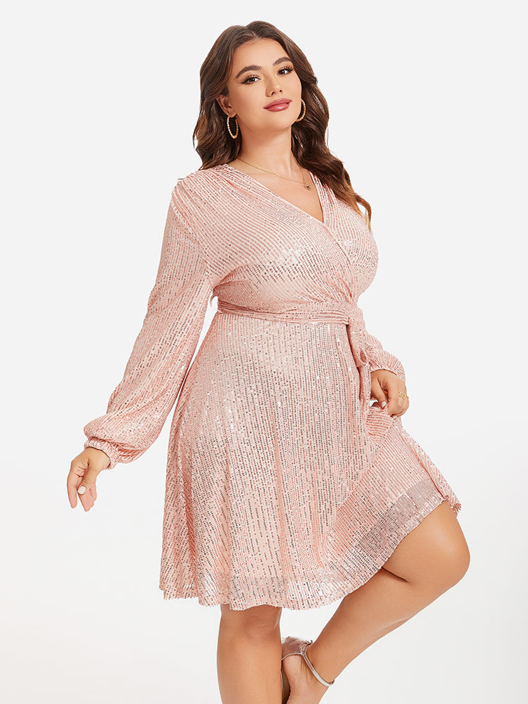 VIP V-Neck Lantern Sleeve Belted Sequin Dress