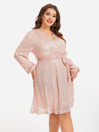 VIP V-Neck Lantern Sleeve Belted Sequin Dress