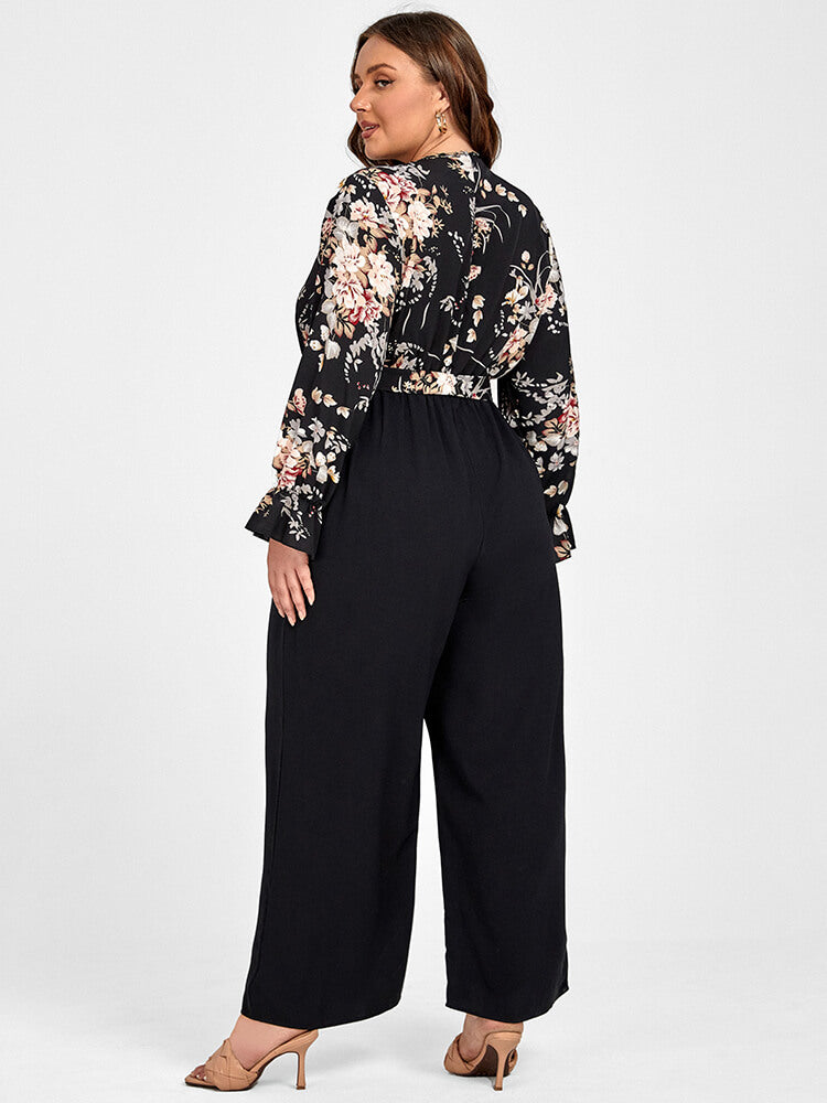 VIP Plus Floral Patchwork Wrap Belted Pocket Jumpsuit
