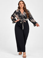 VIP Plus Floral Patchwork Wrap Belted Pocket Jumpsuit