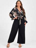 VIP Plus Floral Patchwork Wrap Belted Pocket Jumpsuit