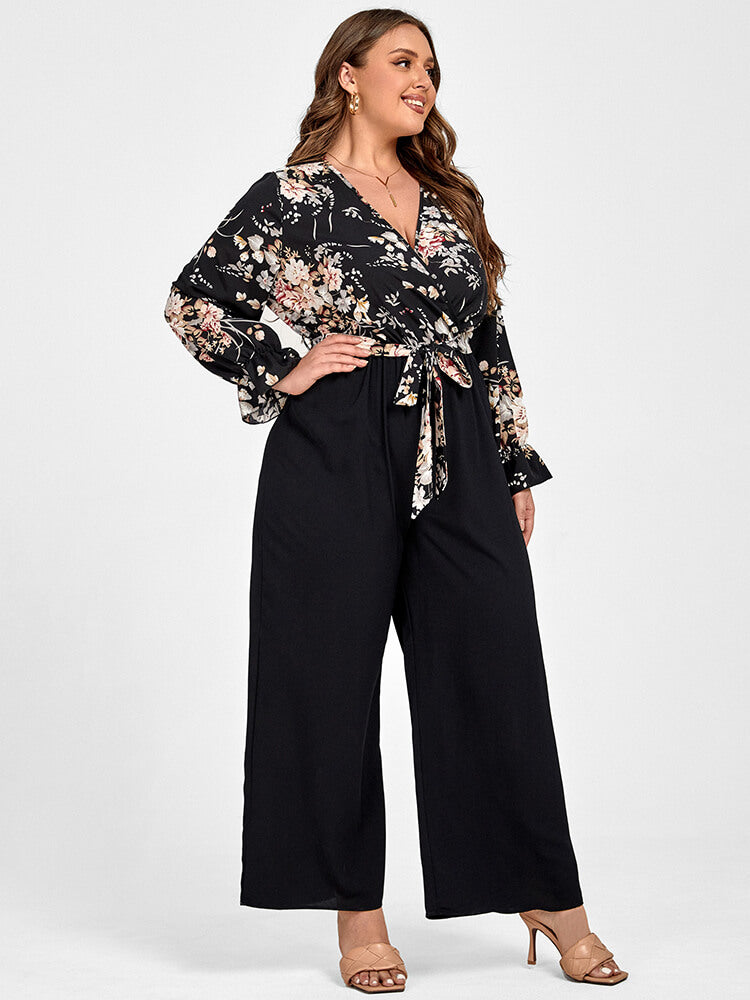 VIP Plus Floral Patchwork Wrap Belted Pocket Jumpsuit