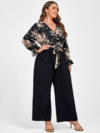 VIP Plus Floral Patchwork Wrap Belted Pocket Jumpsuit