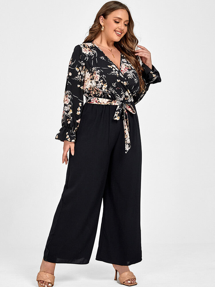 VIP Plus Floral Patchwork Wrap Belted Pocket Jumpsuit