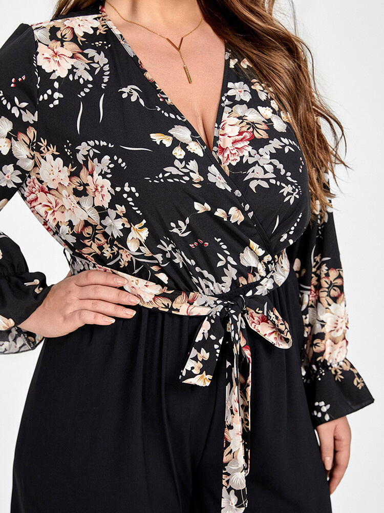 VIP Plus Floral Patchwork Wrap Belted Pocket Jumpsuit