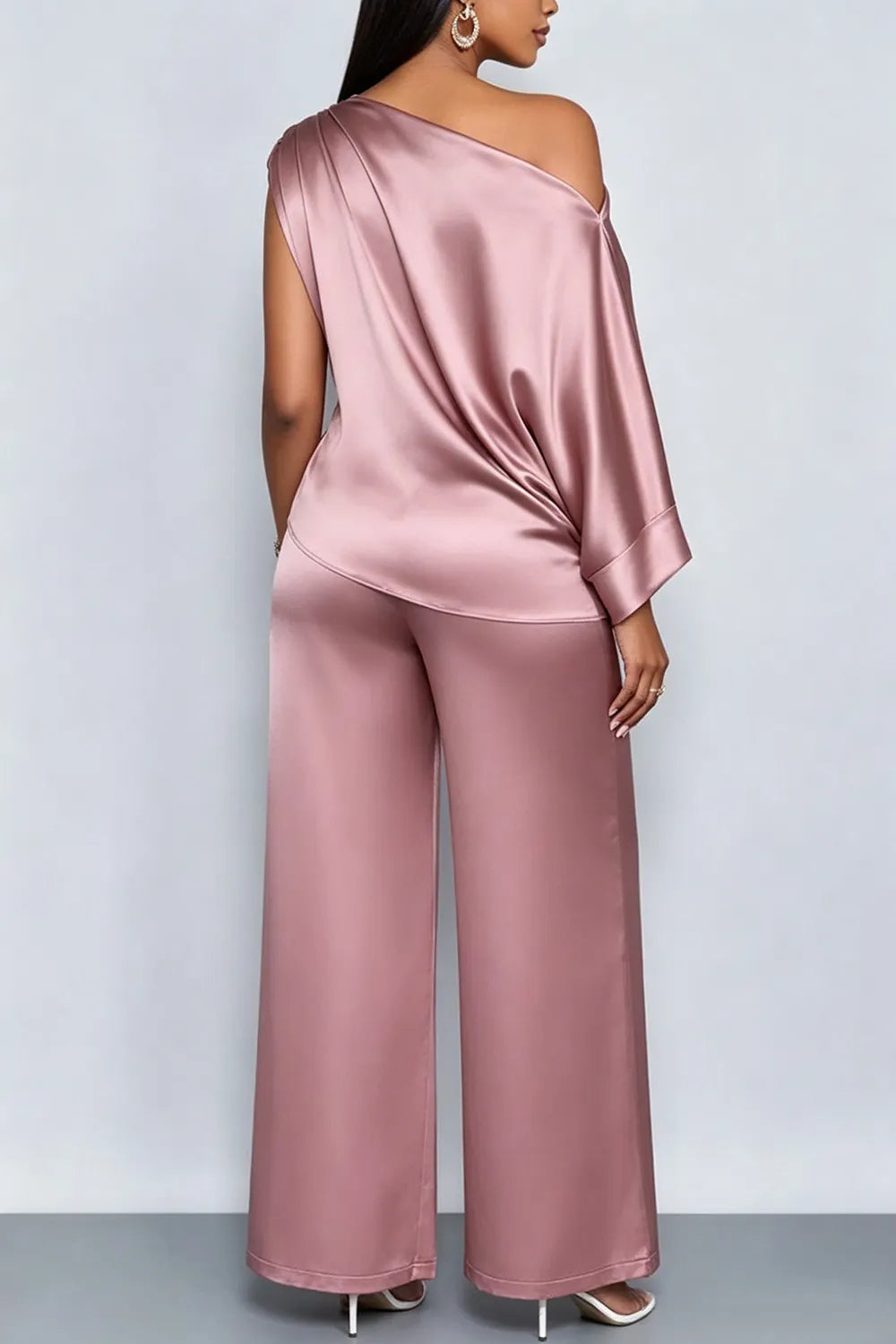 Plus Size Business Casual Pink Elegant Oblique Collar Short Sleeve Pocket Satin Two Piece Pant Sets