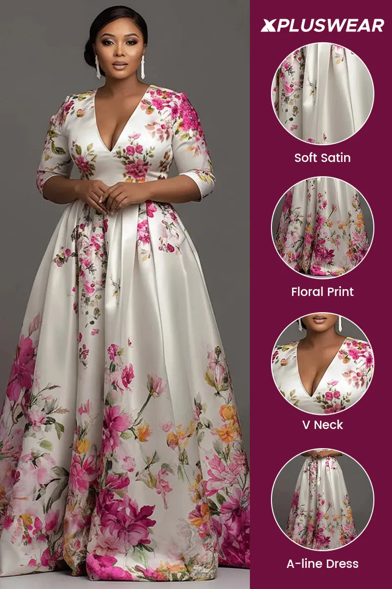 Xpluswear Design Plus Size Formal Multicolor Floral V Neck Short Sleeve Pocket Satin Maxi Dresses