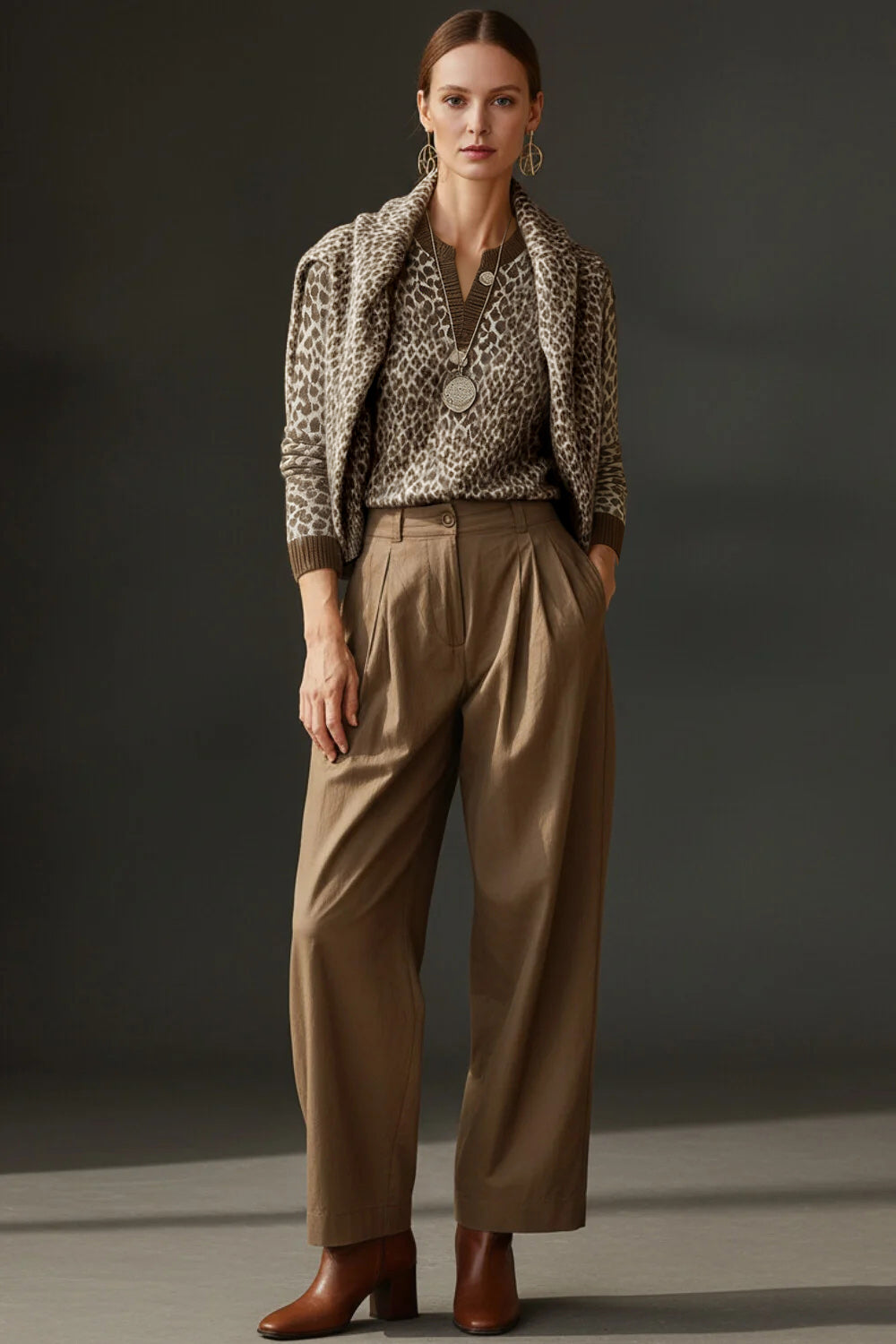 Plus Size Business Casual Khaki Leopard V Neck Long Sleeve Casual Crochet Sweaters