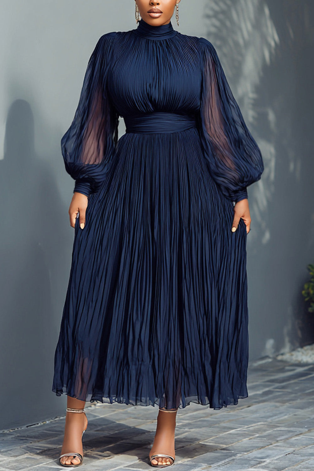 Xpluswear Design Plus Size Churchs Navy Blue Mock Neck Lantern Sleeve Long Sleeve See Through Elegant Ruffled Midi Dresses