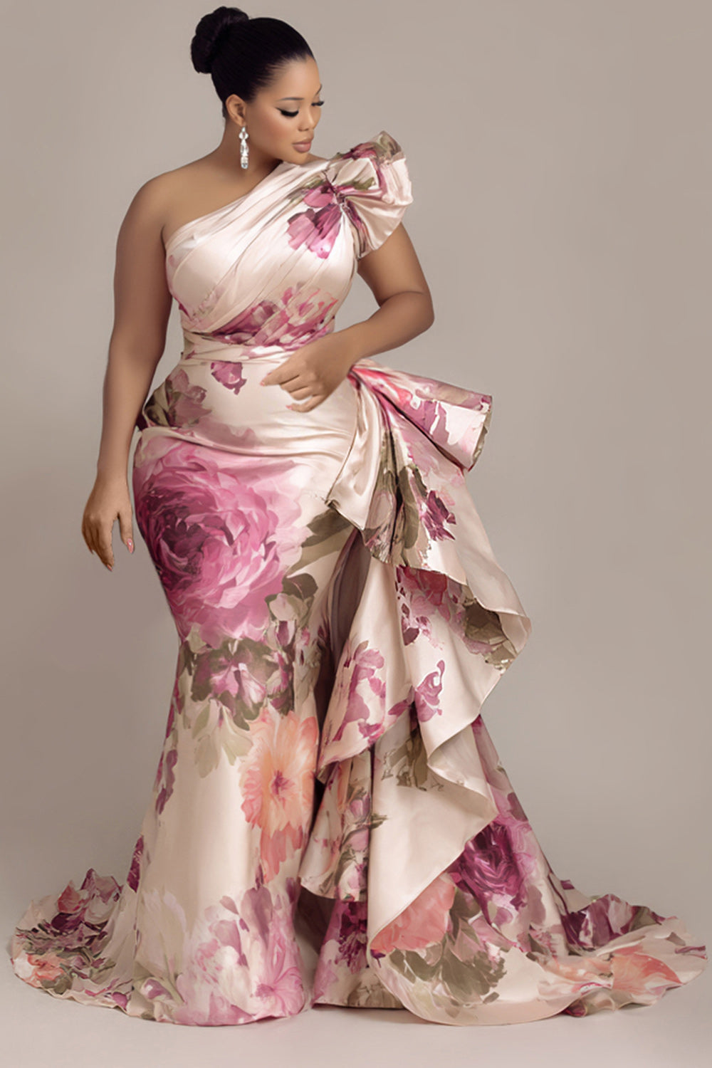 Xpluswear Design Plus Size Formal Pink Oblique Collar One Shoulder Ruffle Elegant Satin Maxi Dresses