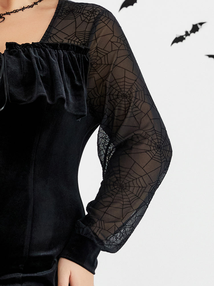 VIP Halloween Spider Web Mesh Velvet Ruffle Hem Dress