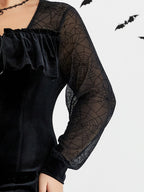 VIP Halloween Spider Web Mesh Velvet Ruffle Hem Dress