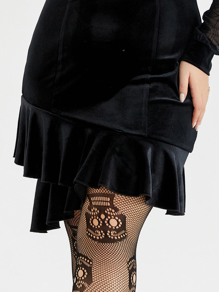 VIP Halloween Spider Web Mesh Velvet Ruffle Hem Dress