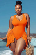 Xpluswear Design Plus Size Beach Orange Round Neck Ruffle Swimsuit Fabric Swimwear Dress