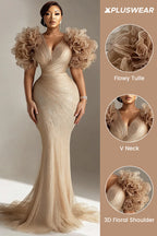 Xpluswear Design Plus Size Mother Of The Bride Champagne V Neck Bodycon 3D Tulle Maxi Dresses