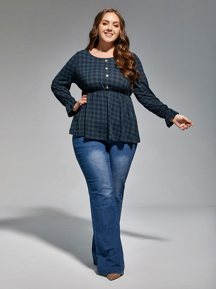 VIP Plus Green Plaid Button Front Elastic Waist Blouses
