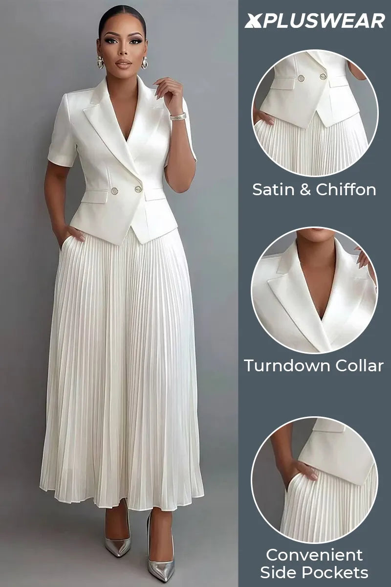 Xpluswear Design Plus Size Formal Chiffon White Turndown Collar Short Sleeve Pleated Pocket Satin Two Piece Skirt Sets