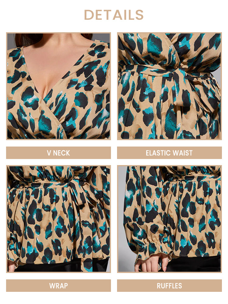 Plus Leopard Print Flounce Sleeve Belted Blouse