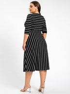 Plus Stripe Pattern Round Neck Tie Side Midi Dress