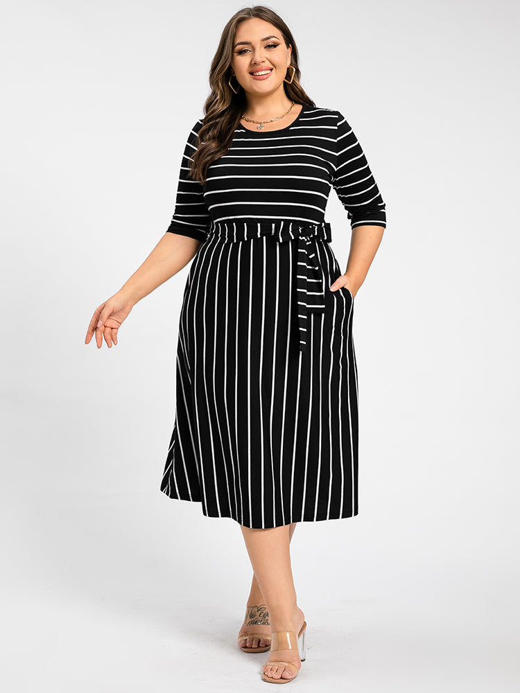 Plus Stripe Pattern Round Neck Tie Side Midi Dress