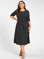 Plus Stripe Pattern Round Neck Tie Side Midi Dress