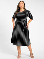 Plus Stripe Pattern Round Neck Tie Side Midi Dress