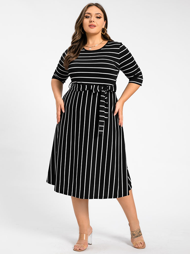 Plus Stripe Pattern Round Neck Tie Side Midi Dress