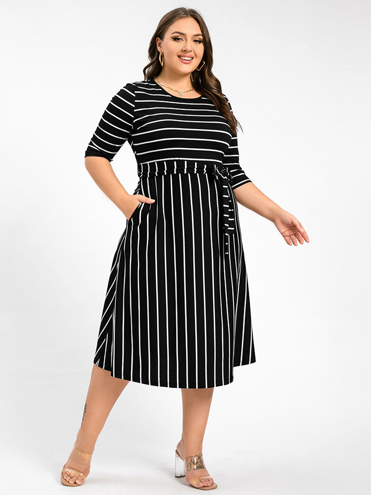 Plus Stripe Pattern Round Neck Tie Side Midi Dress