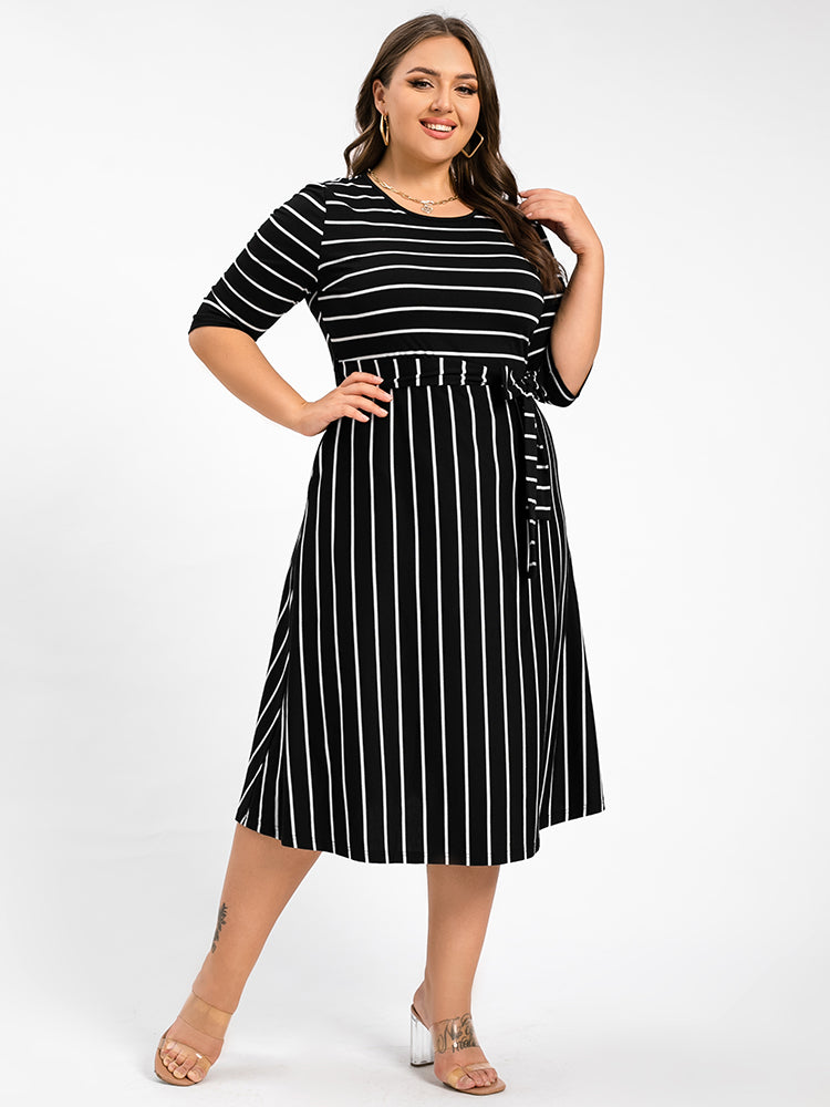Plus Stripe Pattern Round Neck Tie Side Midi Dress