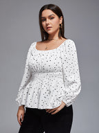 Plus Heart Print Square Neck Shirred Blouse