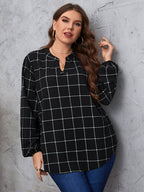 Plus Black Plaid V Neck Puff Sleeve Blouse