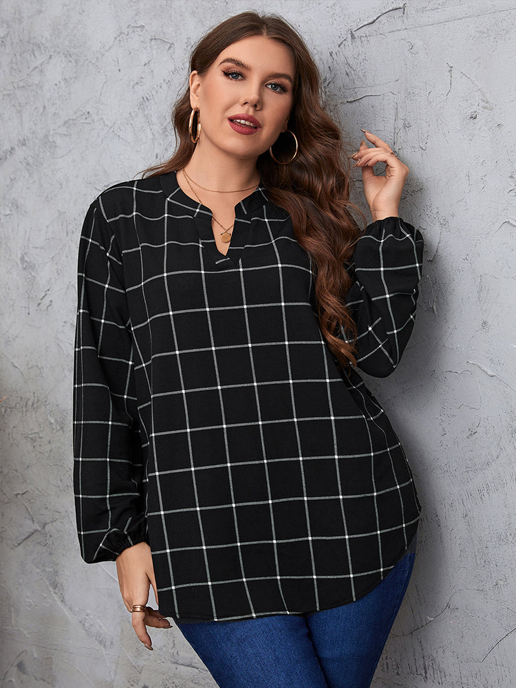 Plus Black Plaid V Neck Puff Sleeve Blouse